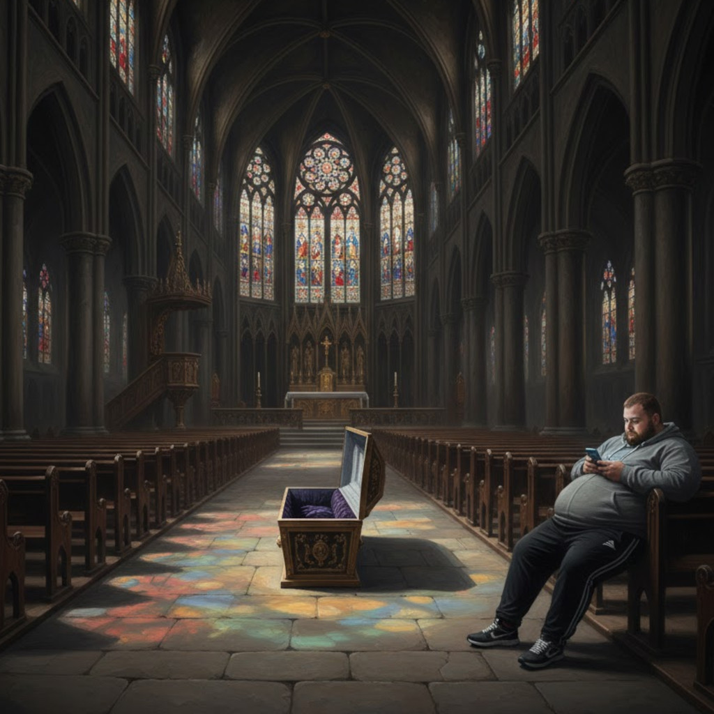 Une cathédrale gothique vide, un cercueil ouvert au milieu de la nef, et un ventripotent affalé sur son téléphone. Tout le néo-athéisme résumé en une image.