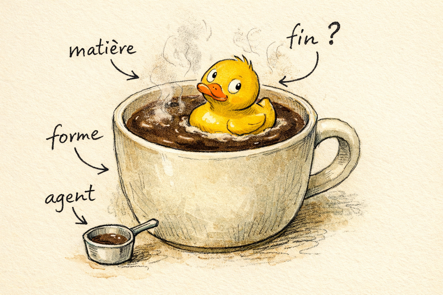 A rubber duck sitting in a cup of hot chocolate, surrounded by a sketch of Aristotle's four causes. Because if an acorn can become an oak, surely it can become a duck. Apparently not.