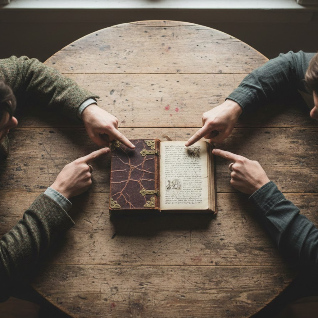 Two men at a table, each pointing a finger at the other. Between them, an open book that nobody is looking at. The entire "burden of proof" in one image.