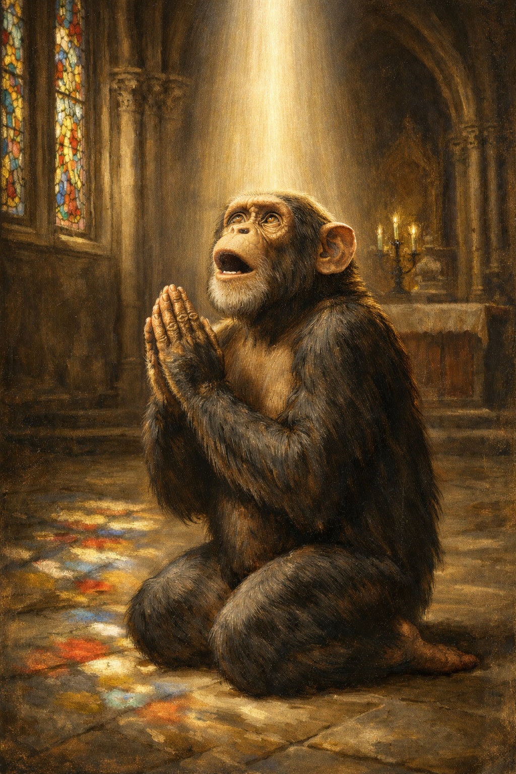 A praying chimp in a Gothic cathedral. Monod would call it absurd. Thomas would say the chimp is right. Darwin would note the chimp was selected for it.