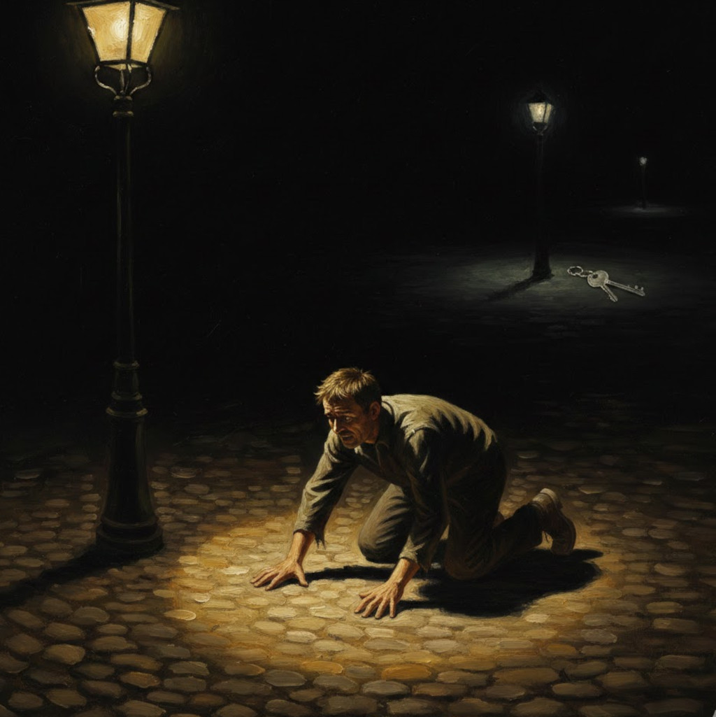 A man searching for his keys under a streetlight, in a circle of light. Far away in the darkness, the keys gleam. The entire epistemology of the slogan in one image.
