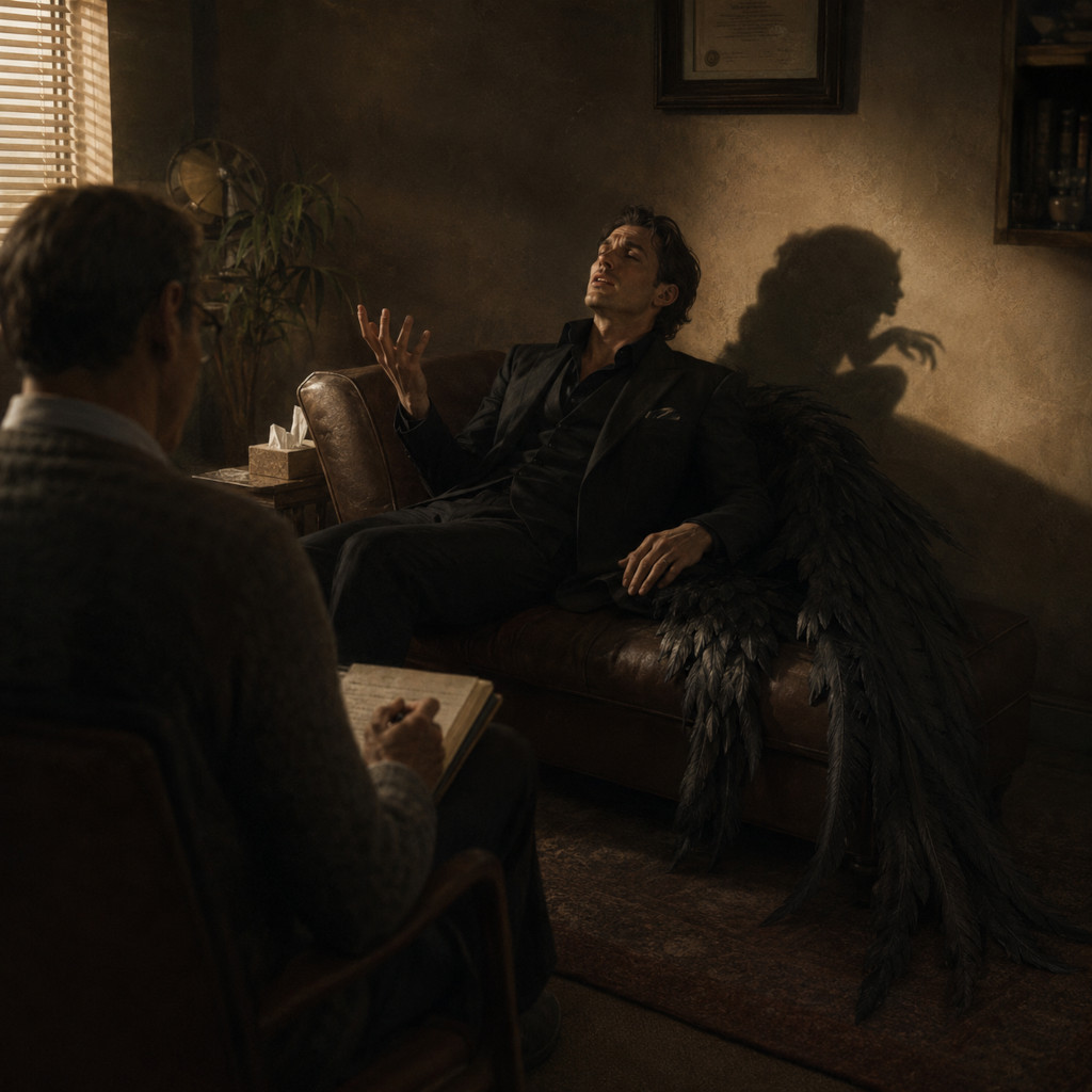 A handsome man in a black suit, dark wings trailing on the floor, pours his heart out on a therapist's couch. On the wall, his shadow gives him away: small, hunched, clawed.